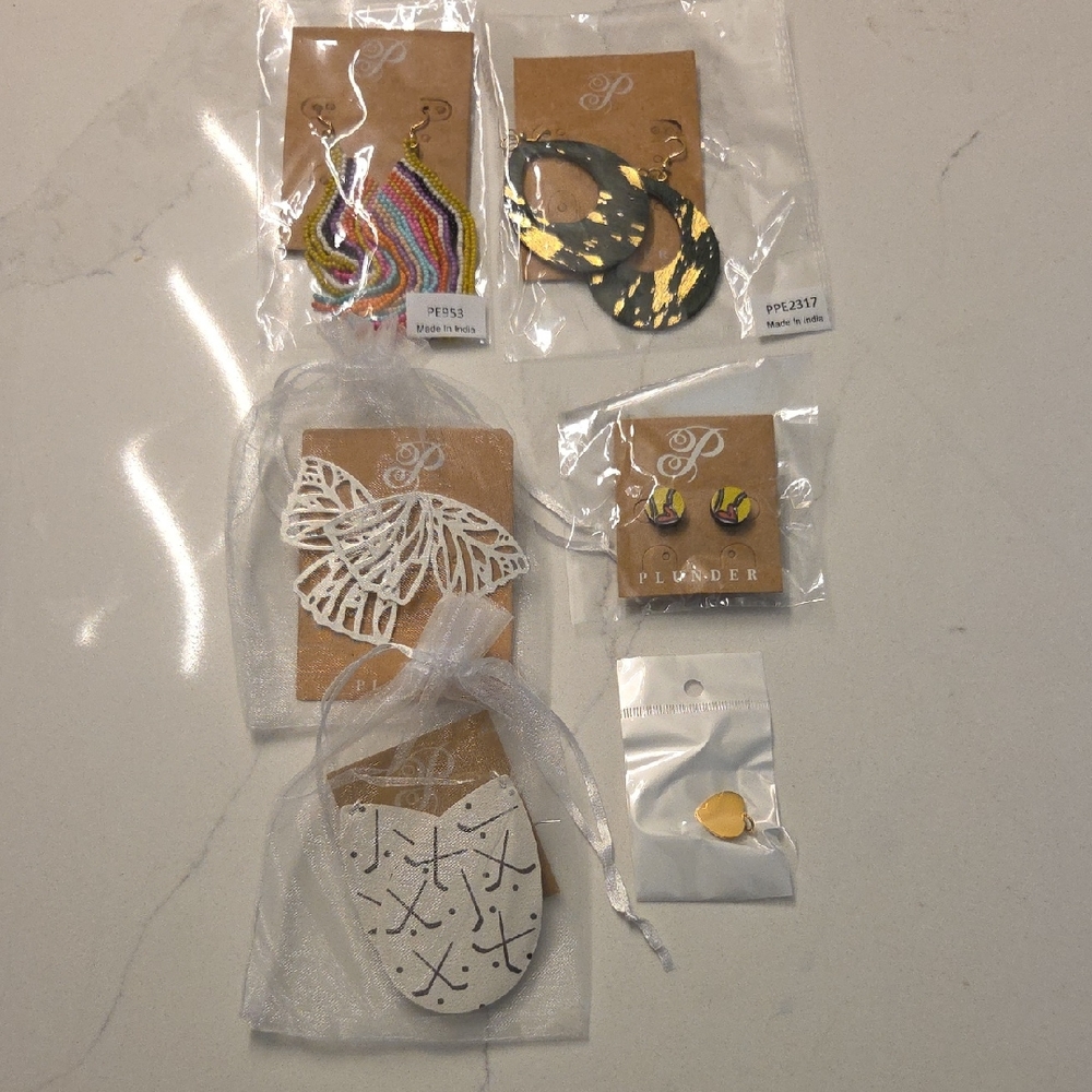 Mixed Earrings and Pins - Colorful Beaded, Black/Gold Hoops, White Butterfly